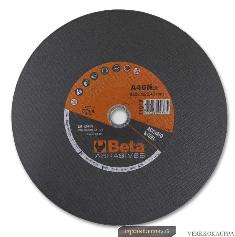 BETA 11018 350X3,0 Katkaisulaikka kiinteisiin kulmahiomakoneisiin, litteä keskiöreikä Ø 25,40mm