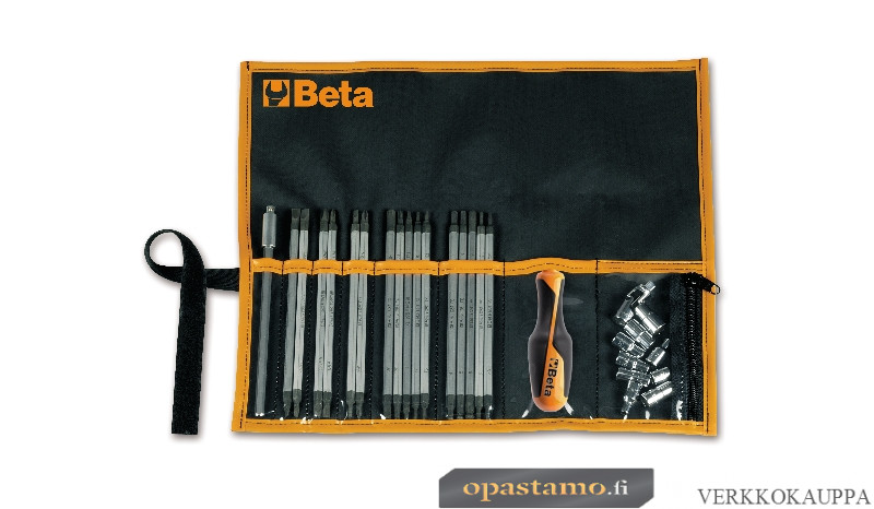 Beta 1281BG/B28A käännettävät ruuvitaltat (TUOTE 1281), kuusikulmaiset hylsyt, ruuvitalttakahva ja tarvikkeet taskussa. Kannoille talttapää, ristipäät, kuusiokolot, Torx® ja Torx® Tamper, joissa turvatappi. 28-osaa