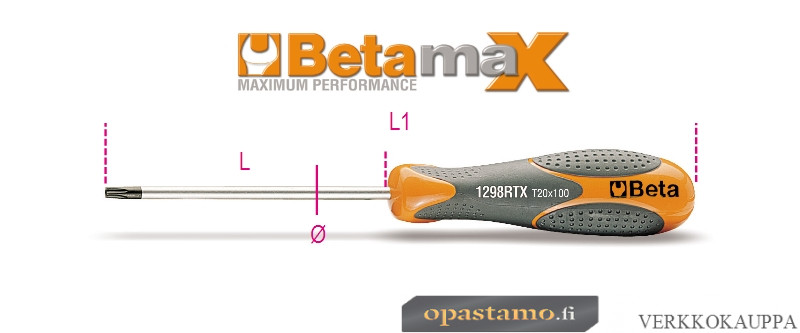 BETA 1298RTX 20 ruuvitaltta BetaMax, kannoille Torx® Tamper, joissa turvatappi RTX, koko T20