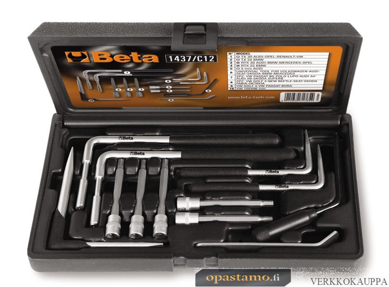 BETA 1437/C12 salkussa 12-työkalua, merkkikohtaiset turvatyynyjen asennuksiin. Audi, VW, Seat, Skoda, BMW, Opel, Renault, Mercedes