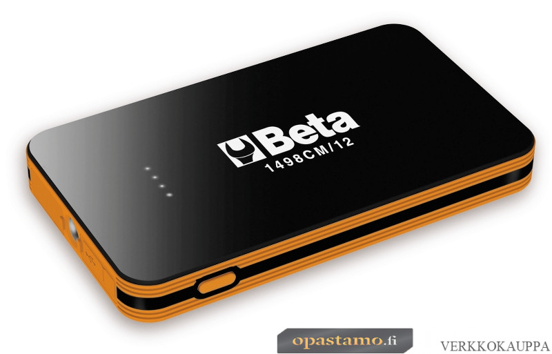 BETA 1498CM/12 startteri moottoripyörien apukäynnistykseen 400A, USB ja muut tarvikkeet laukussa. Laitteen mitat 130x50x15 mm