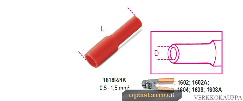 BETA BM00140 Pyöröliitin naaras, eristetty, puristettava, reikä 4mm, kaapeleille mm² 0,5-1,5. pakkauksessa 100 kpl