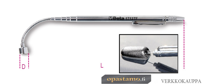 BETA 1712TF poimintatyökalu magneetti (1kg) kärjellä ja taivutettavalla varrella, kynässä puhdistustyökalu, pituus 150+590mm