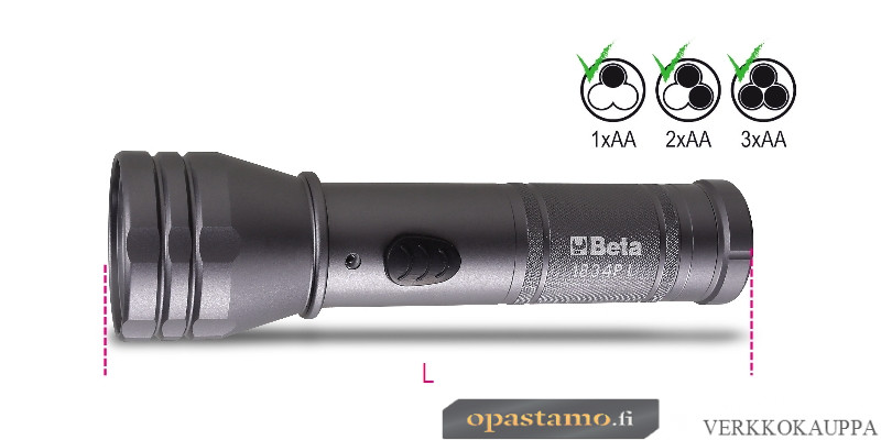 BETA 1834PL Erittäin kirkas LED-taskulamppu, valmistettu tukevasta anodisoidusta alumiinista, jopa 500 lumenia paristot 3 AA, 2 AA tai 1 kpl AA