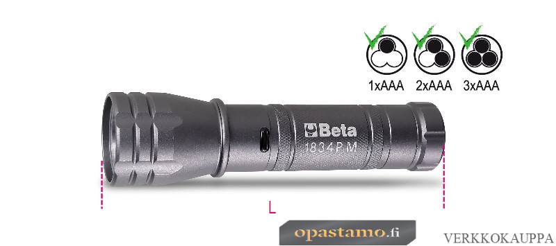BETA 1834PM Kirkas LED-taskulamput, valmistettu tukevasta anodisoidusta alumiinista, jopa 350 lumenia, paristot 3 AAA, 2 AAA tai 1 kpl AAA