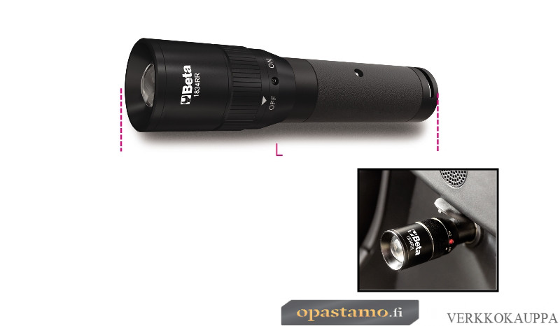BETA 1834RR LED-taskulamppu, ladattava savukkeensytyttimen pistorasiassa, säädettävä tarkennus, IP30, 130 lumenia