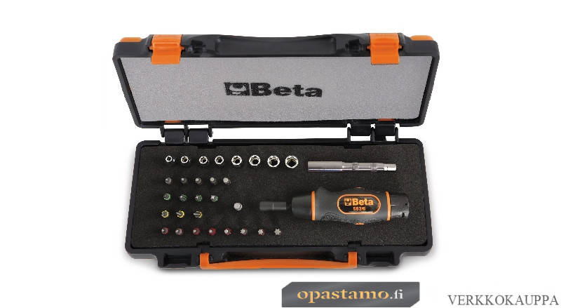 BETA 583/C31 salkussa momenttimeisseli ja tarvikkeet 30 kpl Nm 1.2-6. Kärjet ja hylsyt vääntiölle ¼” koot 4-5-5,5-6-7-8-9-10mm