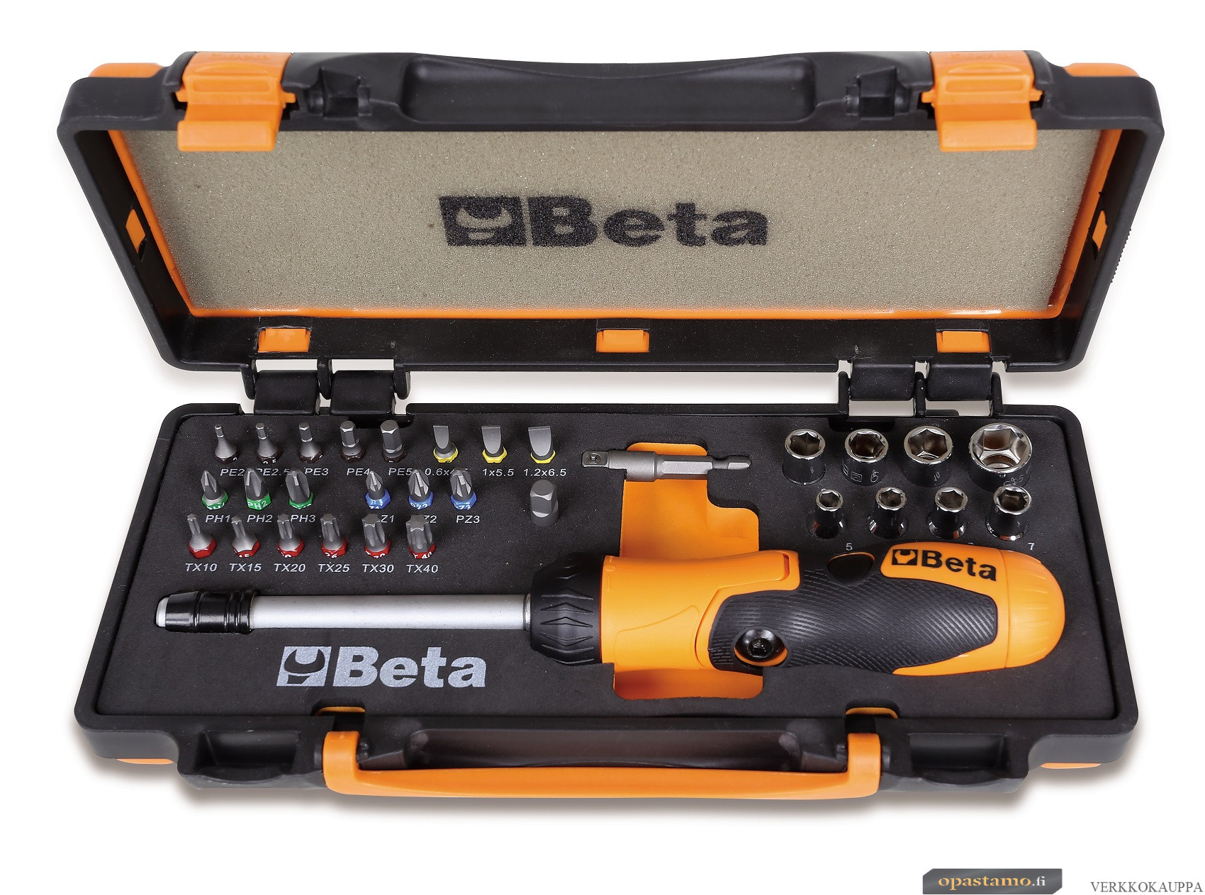 BETA 860/C38P sarjassa räikkäväännin nivelkahvalla ja istukalla 1/4", sekä 27 BITS-kärkeä ja 8 hylsyavainta. 38-osaa