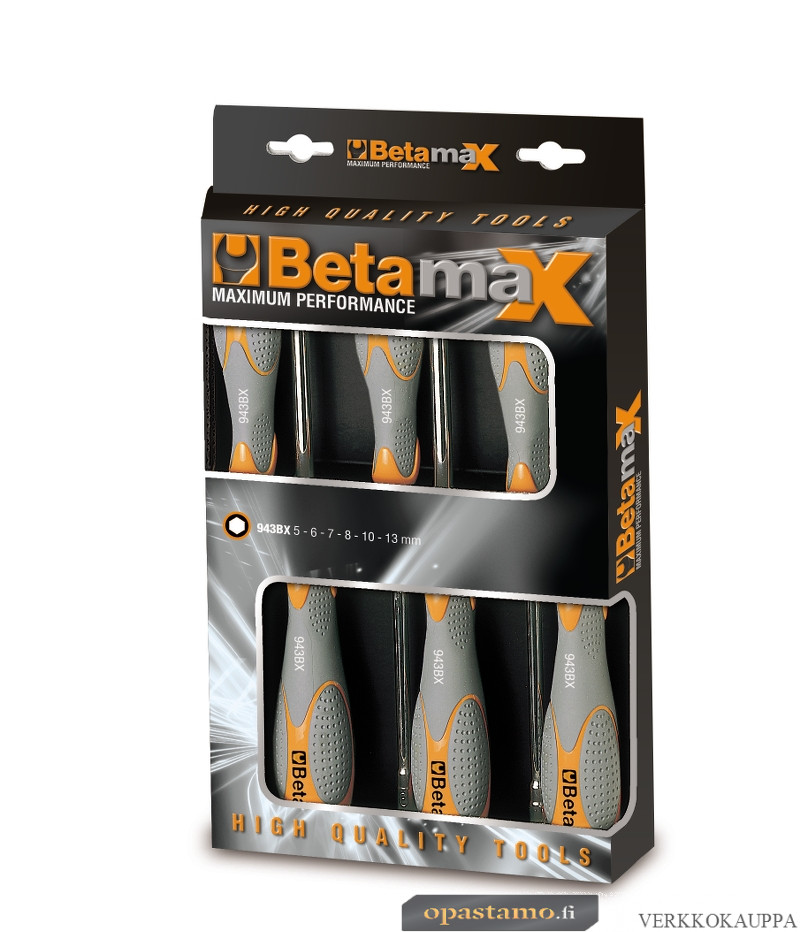 Beta 943BX/D6 kuusikulmaiset hylsymeisselit (TUOTE 943BX) sarja pakkauksessa, pitkät, 6-avainta