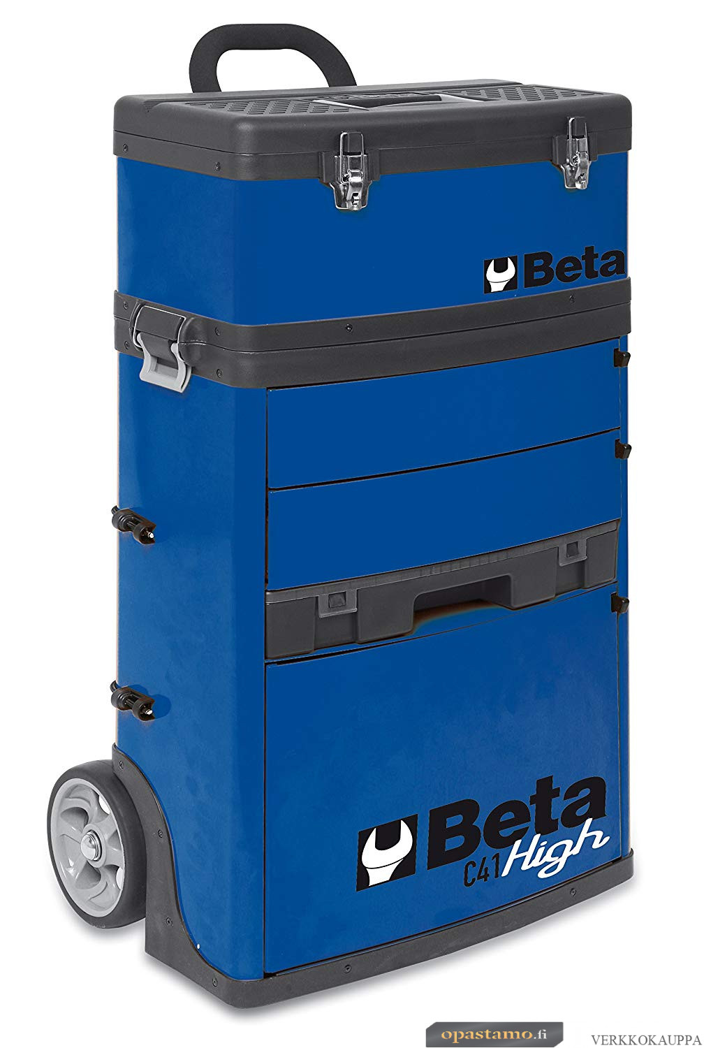 BETA C41H-B kaksimoduulinen trolli työkaluvaunu kolmella vetolaatikolla, intekroidulla järjestelijällä ja irotettavalla ylä pakilla, metallia, lukittavissa, sininen RAL 5002