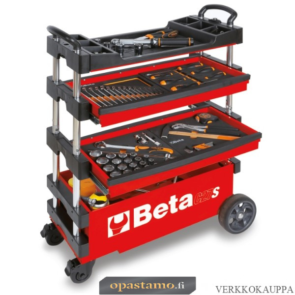 BETA C27S-R kokoontaitettava teräsrunkoinen työkaluvaunu keskuslukituksella, helposti kuljetettava, paino tyhjänä vain 20kg, Väri punainen