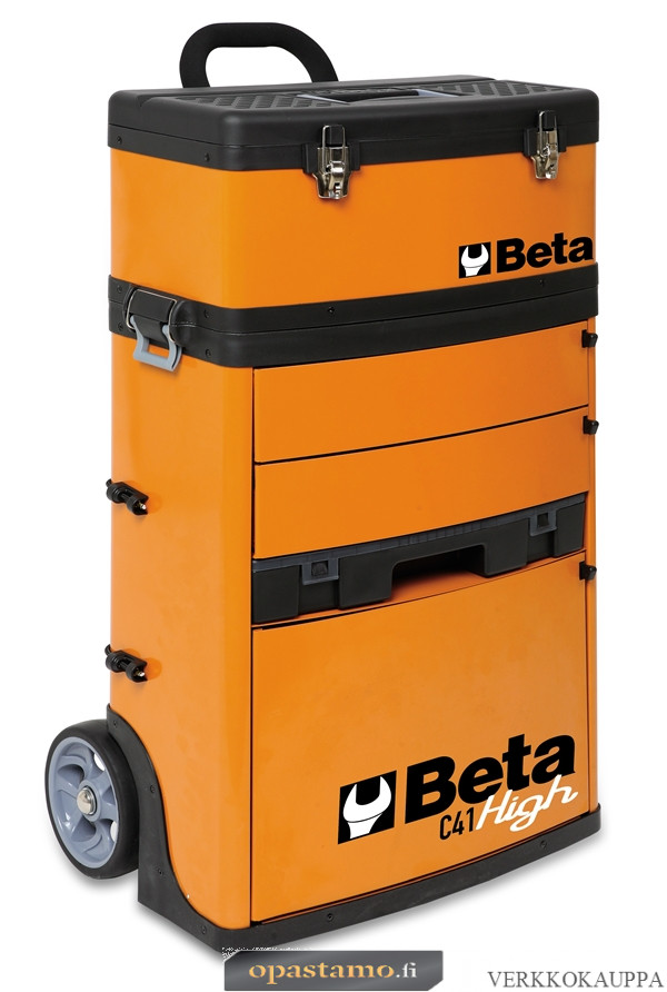 BETA C41H-O kaksimoduulinen trolli työkaluvaunu kolmella vetolaatikolla, intekroidulla järjestelijällä ja irotettavalla ylä pakilla, metallia, lukittavissa, oranssi