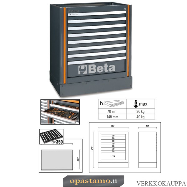 BETA C55M8 työtason alle kiinteästi sijoitettava elementti 8:lla laatikolla c55-sarjan kalusteyhdistelmiin