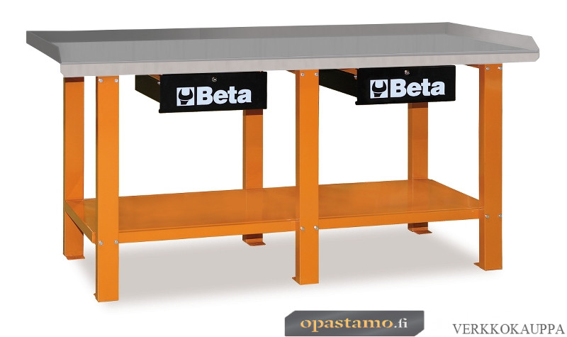 BETA C56-O Työpöytä 2:lla lukittavalla laatikolla. Työtason pinta on valmistettu teräslevystä, jossa pokattu laita. Kantavuus 1200 kg. Kannen koko 2000x640mm. Oranssi