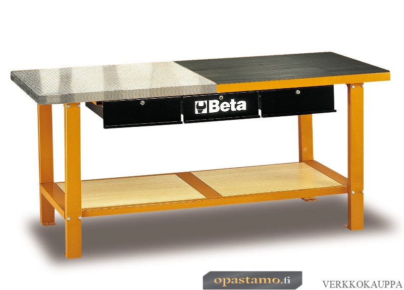 BETA C56M O Työpöytä 3:lla lukittavalla laatikolla. Työtason pinta on valmistettu sekä liukastamattomasta alumiinilevystä että kumimatosta. Kantavuus 800 kg. Kannen koko 2000x640mm. Oranssi