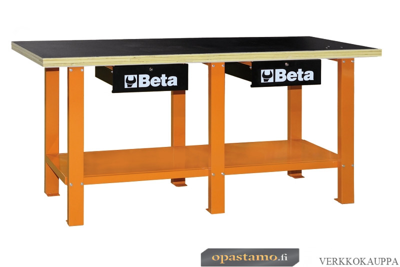BETA C56W-R Työpöytä 2:lla lukittavalla laatikolla. Työtaso on valmistettu pinnoitetusta puulevystä, jossa reitys valmiina ruuvipenkille (1599F / 125, tilattava erikseen).. Kantavuus 1200 kg. Kannen koko 2000x720mm. Punainen