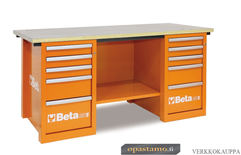 BETA C57S/C-O MASTERCARGO työpöytä kahdella laatikostolla, laatikot 588x367mm keskuslukituksella ja kuulalaakeroiduilla liukukiskoilla, korkeudet 90, 180 ja 280mm. Reitys valmiina ruuvipenkille. Laminaattikansi 1900x790mm. Oranssi