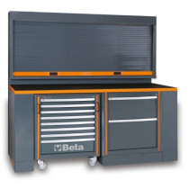 BETA C55PB/3 työpisteen kalusteyhdistelmä liikuteltavalla työkaluvaunulla ja ruloseinäkaapilla. Oranssi reunalista. Mitat 2005x2000x760mm
