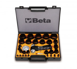 BETA 1105C/29T salkussa lävistimen varsi, adapteri ja reikämeistit 29 kpl pehmeiden materiaalien lävistämiseen. Koot 2-3-4-5-6-7-8-9 10-12-14-16-18-20 22-24-26-28-30-32 34-36-38-40-42-44 46-48-50 mm
