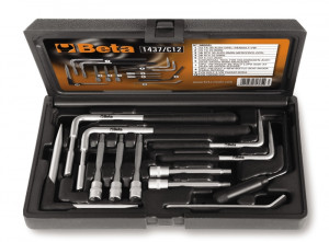 BETA 1437/C12 salkussa 12-työkalua, merkkikohtaiset turvatyynyjen asennuksiin. Audi, VW, Seat, Skoda, BMW, Opel, Renault, Mercedes