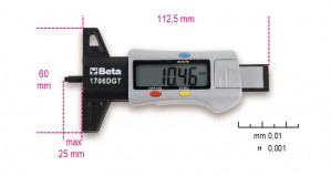 BETA 1706DGT digitaalinen mittari renkaiden urasyvyyksien mittaamiseen max 25mm. Tarkkuus 0,01mm tai 0,001"