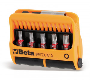 BETA 860TX/A10 Pitimessä magneettipidin ja värikoodatut 1/4" BITS-palat Torx® ruuveille T7 - T8 - T9 - T10 - T15 T20 T25 - T27 - T30 - T40