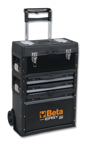 BETA C43 kolmemoduulinen trolli, peltirunko, irrotettavat moduulit, isot pyörät ø 160 mm. Teleskooppikahva säädettävissä neljään pituuteen