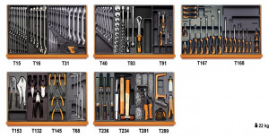 Beta 5904VI/2T työkalulajitelma 153-osaa lämpömuovatuissa paneeleissa. Kiintolenkkiavaimet, silmukka-avaimet, hylsyt vääntiö 1/2" ja vääntiö 1/4", kärkihylsyjä, meisseleitä, pihtejä, lyöntitökaluja, leikkuutyökaluja ja vetoniittipihdit ja niitit
