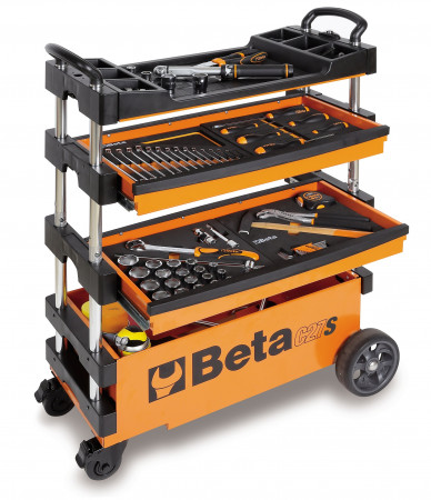 BETA C27S-O kokoontaitettava teräsrunkoinen työkaluvaunu keskuslukituksella, helposti kuljetettava, paino tyhjänä vain 20kg, Väri oranssi